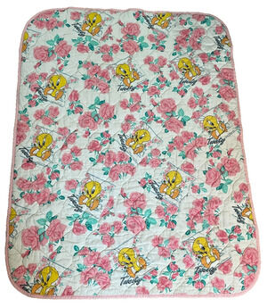 1993 Vtg Warner Bros Baby Looney Tunes Tweety Roses Gerber Blanket 50 x 39 in